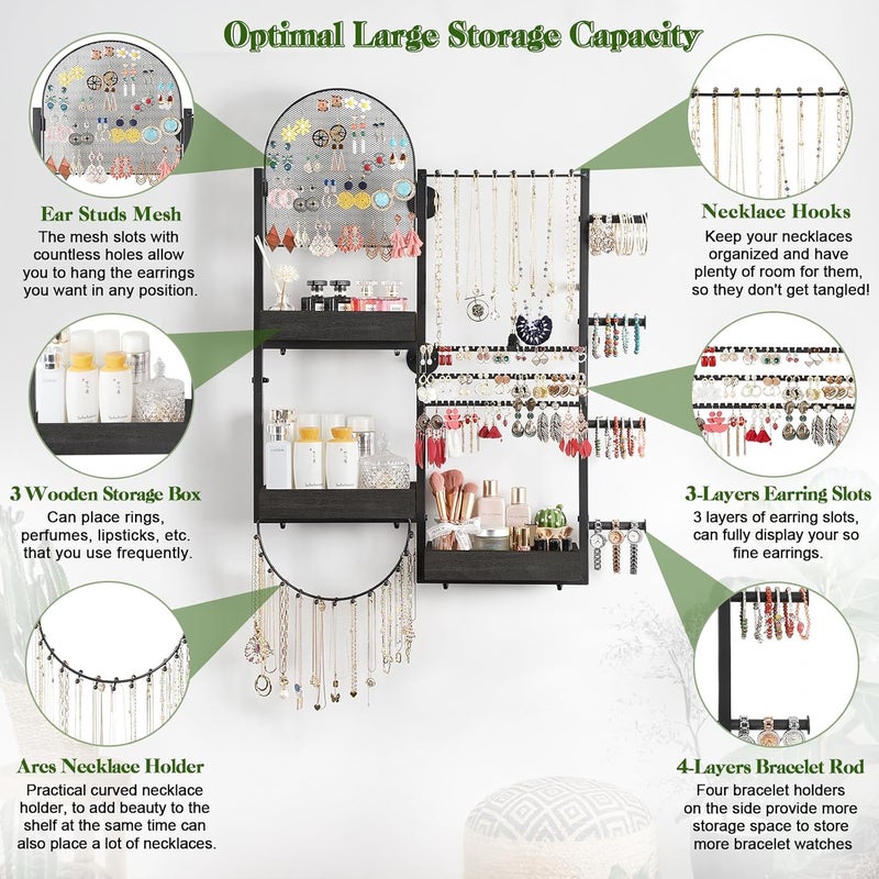 Keebofly Wall Mount Hanging Jewelry Organizer - Large Display Holder for Earrings, Rings, Necklaces, Bracelets, Watches and Perfume - Black - Image 2